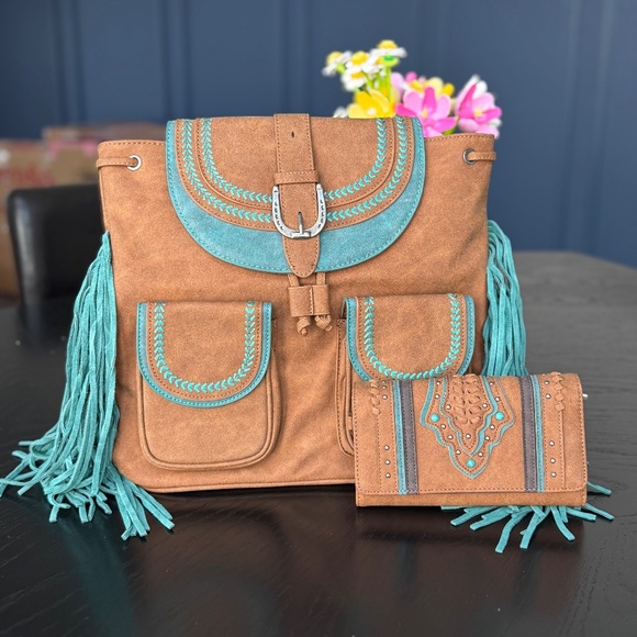 Montana West Fringe Buckle Collection Backpack Wallet Set- Brown main image 6